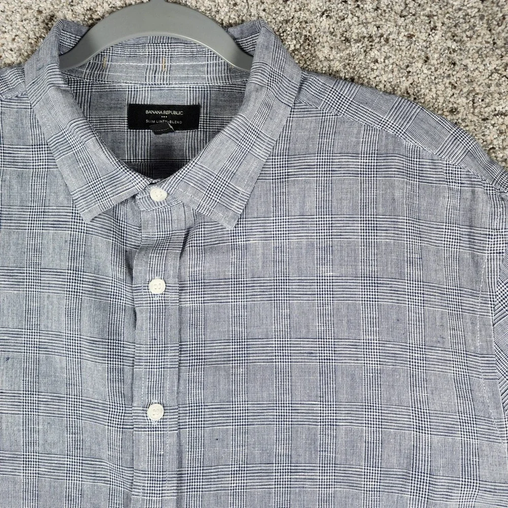 Banana Republic Button Down Mens XXL Slim Linen Blend Glen Plaid Blue Excellent